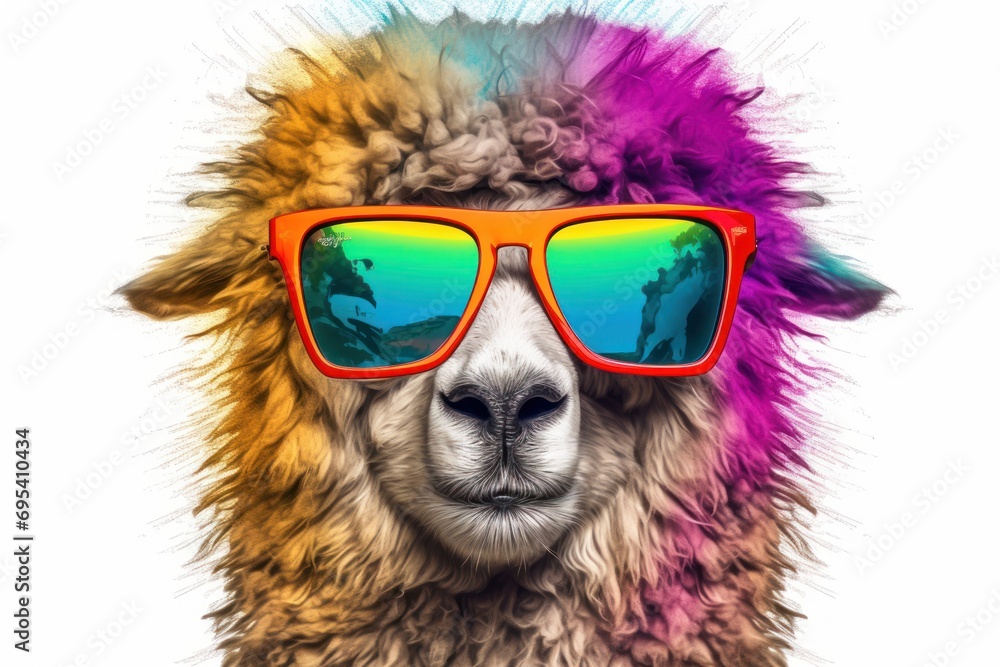  a close up of a llama with sunglasses on it's head and a multicolored fur on it's head, with a white background and a white backdrop.