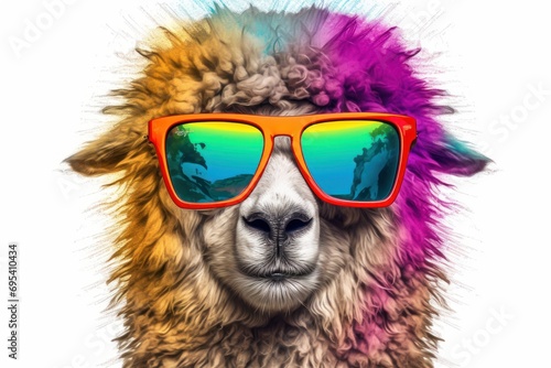  a close up of a llama with sunglasses on it's head and a multicolored fur on it's head, with a white background and a white backdrop. © Nadia