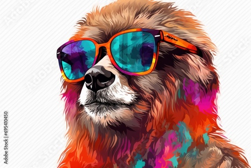  a close up of a dog with sunglasses on it's face and a background of multicolored paint splattered in the shape of the dog's eyes. © Nadia