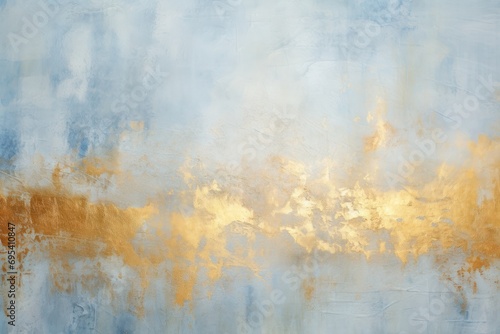  a painting with gold and blue colors on a white and blue background with a white and gold design on the bottom half of the painting and bottom half of the painting.