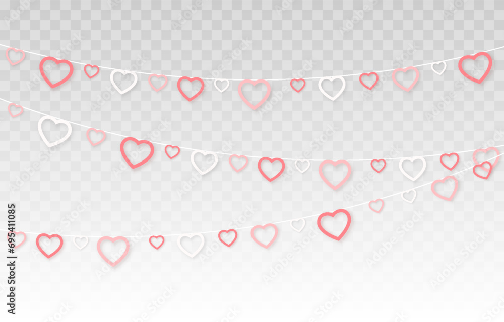 Paper hanging hearts png. Paper confetti in the shape of a heart for Valentine's Day. Garland with paper hearts png. Mothers Day. March 8.