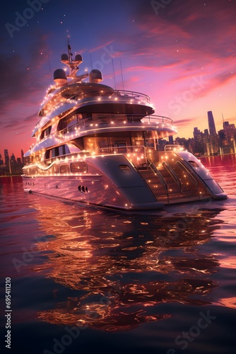 Luxury yacht in New York City at night. 3d rendering