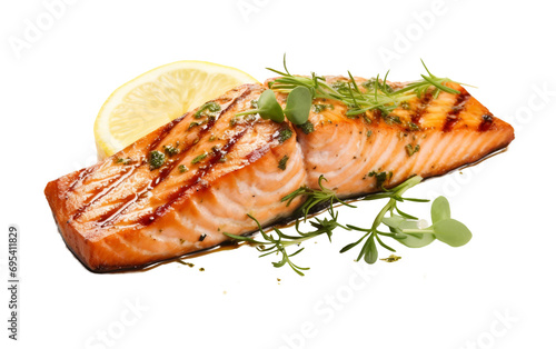 Grilled Salmon with Lemon and Herbs On Transparent Background © MatPhoto