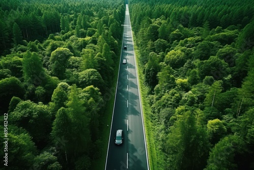  an aerial view of a road in the middle of a forest with a car driving on one side of the road and a truck on the other side of the road.