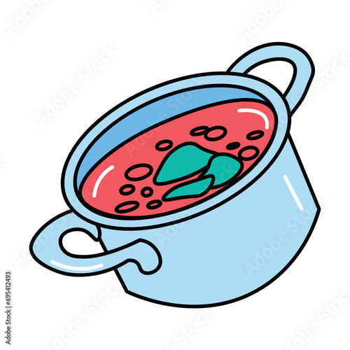 Soup of food colorful set. This enchanting illustration with the thoughtful design beautifully highlights the comforting warmth of a pan of borsch. Vector illustration.