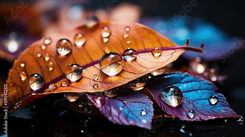  a close up of a leaf with drops of water on it and another leaf with drops of water on it and another leaf with drops of water on top of leaves.