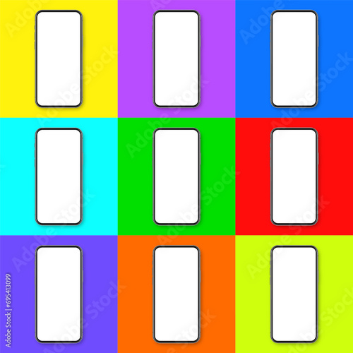 Realistic smartphone with blank touch screen on colorful background. Frameless mobile phone in front view. High quality detailed device mockup. Vector illustration