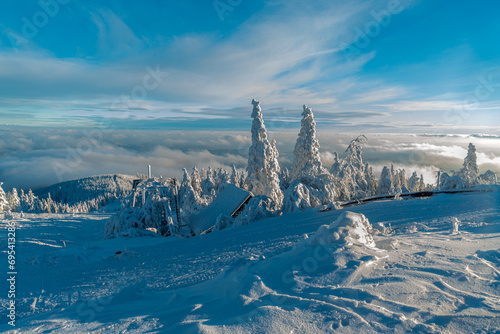 Winter on Lysa hora hill summit in Moravskoslezske Beskydy mountains in Czech republic photo