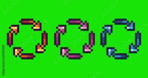 Green screen of recycle, recycle icon bits pixel slowly appeared and dissappeared. Simple animation from pixel dots form sets of recycle icon . Usefull for game asset or design asset animate.
