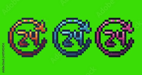 Green screen of 24hours,24hours icon bits pixel slowly appeared and dissappeared. Simple animation from pixel dots form sets of 24hours icon . Usefull for game asset or design asset animate.