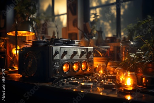 Vintage audio cassette player with led lights. Selective focus.