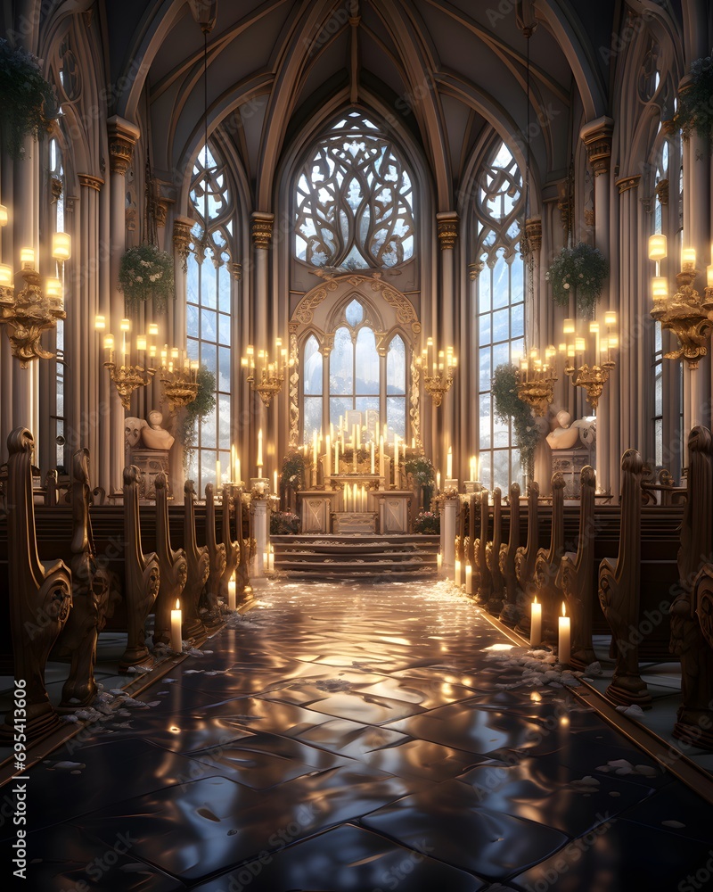 Interior of a Catholic Church with glowing lights. 3D Render
