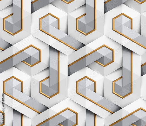 Futuristic 3D geometric pattern composed of hexagons with a luxurious white, gray and gold color resembling an intricate mosaic photo