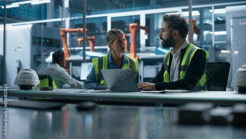 Autonomous Factory Office: Caucasian Female Quality Control Technician Talks to Hispanic Male Industrial Engineer Working on Laptop Computer. Automated Robot Arm Assembly Line Manufacturing Machinery. photo