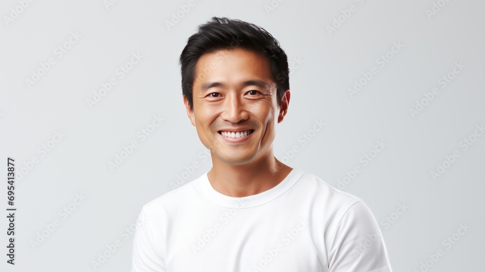 A Portrait of an Asian man smiling mischievously on a white isolated transparent background. A Portrait of an Asian man smiling mischievously on a white isolated transparent background.