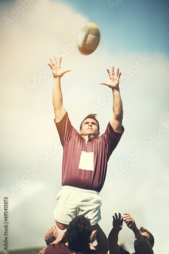 Rugby, sports and ball with man on field for training, health and stadium practice. Challenge, competition and athlete performance with male person in outdoor pitch for exercise, games and workout
