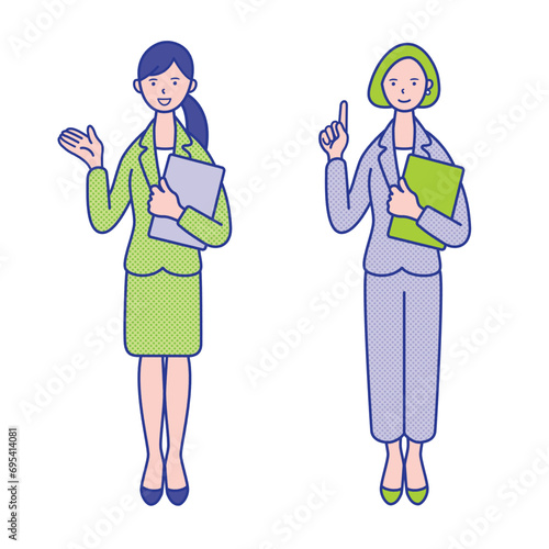 資料ファイルを持った20代〜40代女性の全身イラスト素材【セット】