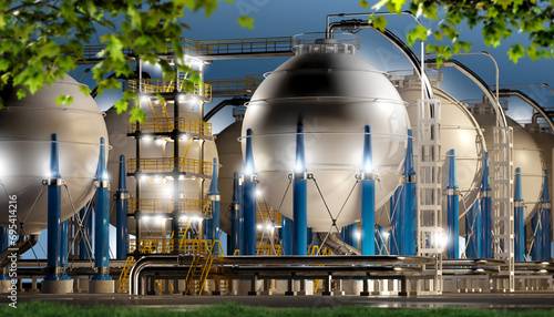 energy company equipment. Tanks for hydrogen storage. Production of clean energy from hydrogen. Tanks contain H2 to create electricity. Hydrogen power plant.  © Grispb