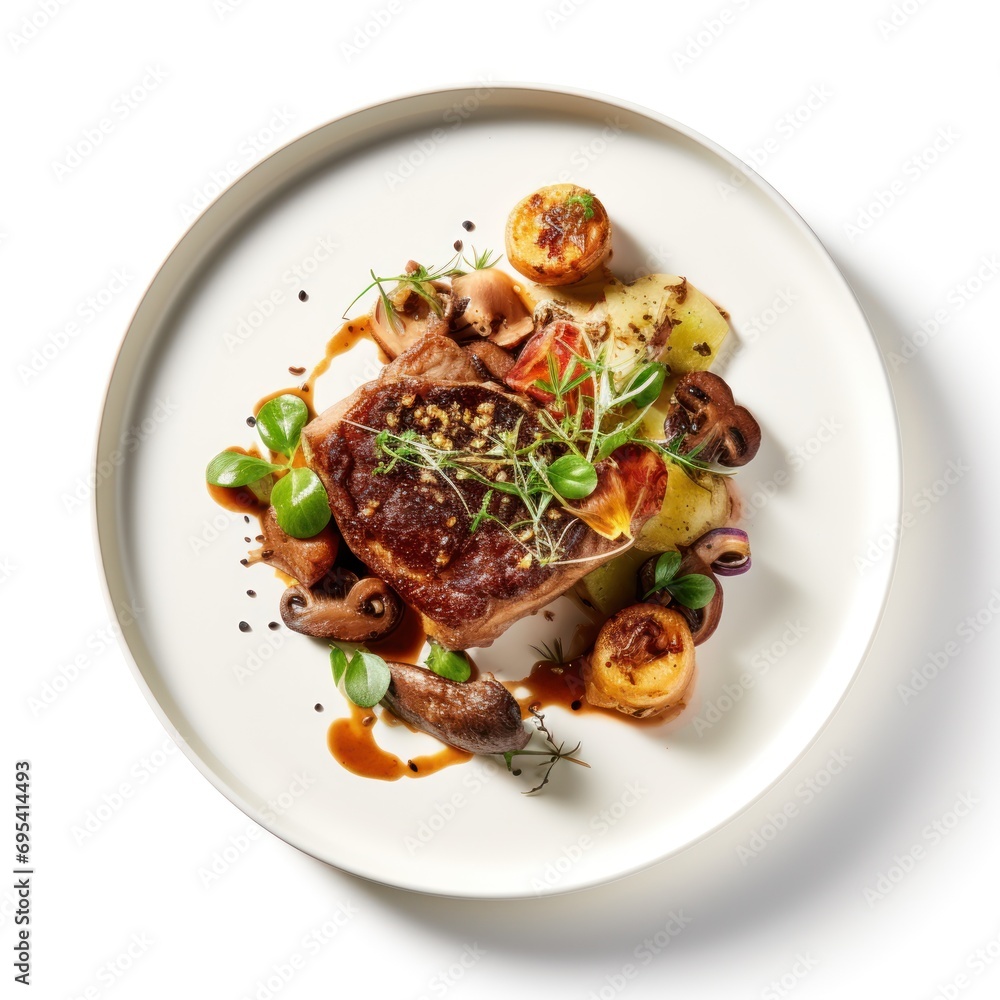a white plate topped with a piece of meat covered in sauce and veggies next to a pile of potatoes and a sprig of broccoli. a white plate topped with a piece of meat covered in sauce and veggies next to a pile of potatoes and a sprig of broccoli.
