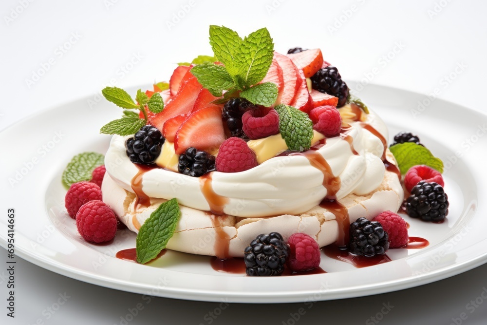 a white plate topped with a pav of fruit covered in sauce and drizzled with mint leaves and sliced raspberries on top of the plate. a white plate topped with a pav of fruit covered in sauce and drizzled with mint leaves and sliced raspberries on top of the plate.