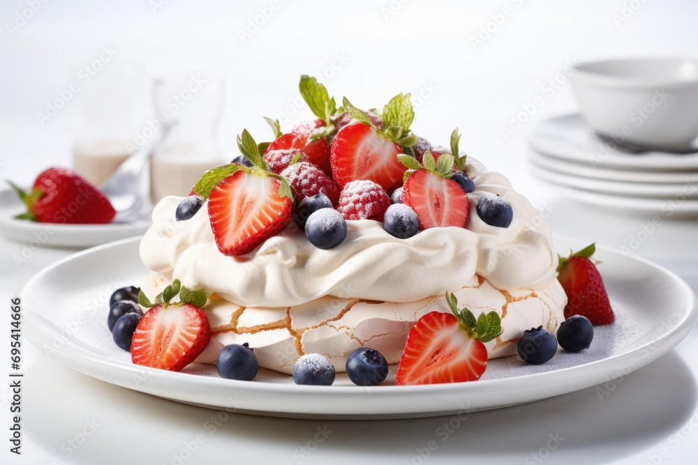 a cake with strawberries, blueberries, and raspberries on top of it on a plate next to a cup of milk and saucer on a saucer. a cake with strawberries, blueberries, and raspberries on top of it on a plate next to a cup of milk and saucer on a saucer.