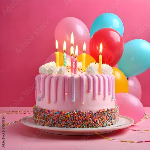 Birthday cake with burning candles and balloons