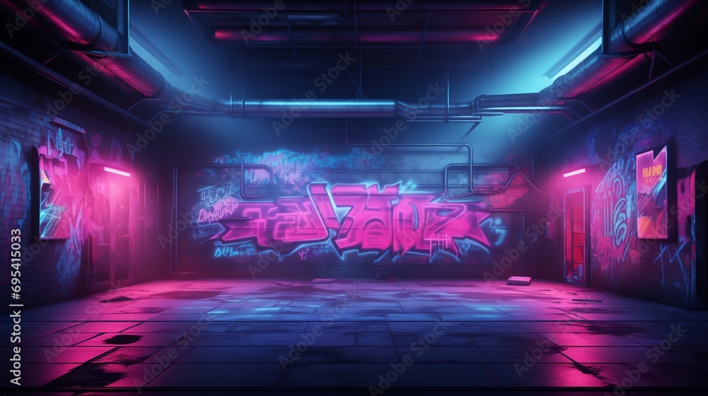 Obraz premium Sci Fi Futuristic Smoke Fog Neon Laser and graffiti art in Garage Room,blue pink violet neon abstract background,ultraviolet light,night club Cyber Undergound Warehouse Concrete Reflective Studio