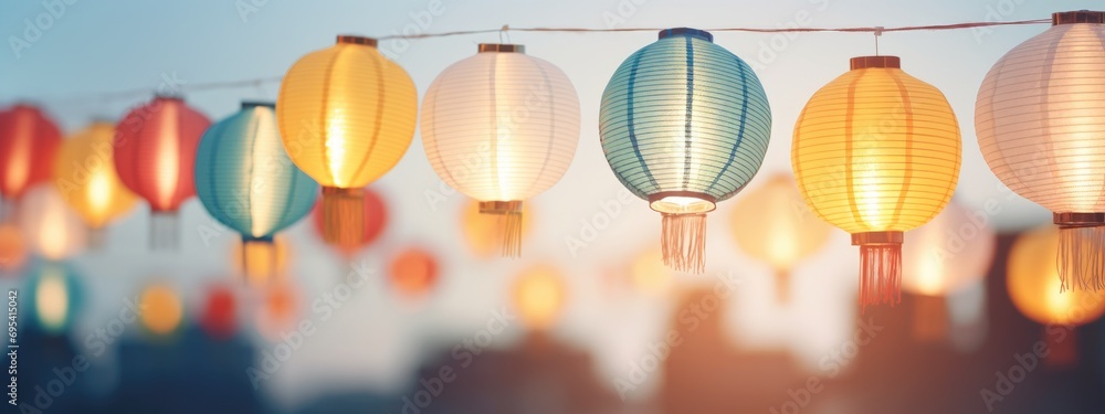 Colorful hanging lantern traditional Asian decor on blurred street. Chinese lantern festival. New Year abstract greeting background with copy space. Design for poster, card, banner - obrazy, fototapety, plakaty 