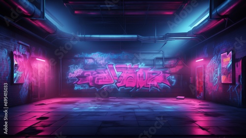 Sci Fi Futuristic Smoke Fog Neon Laser and graffiti art in Garage Room blue pink violet neon abstract background ultraviolet light night club Cyber Undergound Warehouse Concrete Reflective Studio