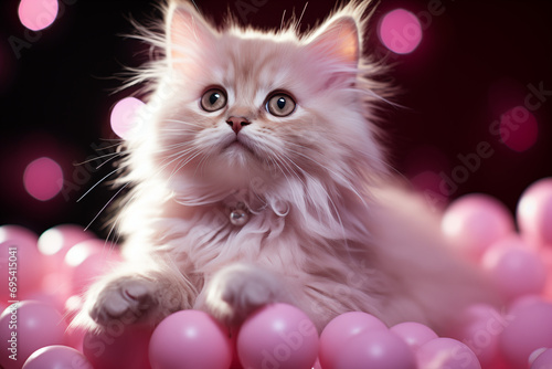 Cute kitty is playing with pink balls.