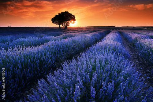 Tranquil lavender field at sunset with solitary tree photo