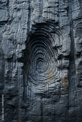 Minimalist fingerprint design over a background of ancient stone carvings.