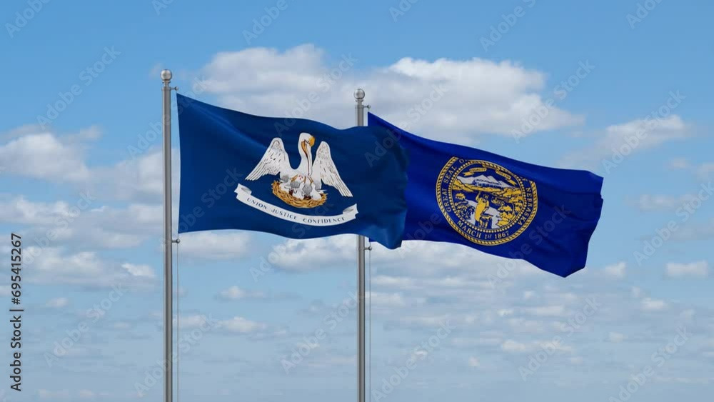 Nebraska and Louisiana US state flags waving together on cloudy sky, endless seamless loop Nebraska and Louisiana US state flags waving together on cloudy sky, endless seamless loop