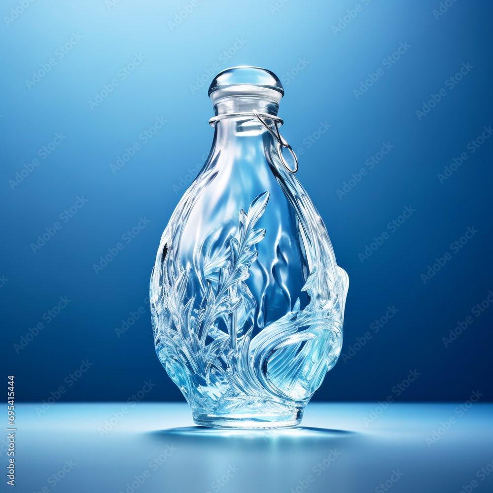 Transparent glass bottle isolated on blue background. AI generated
