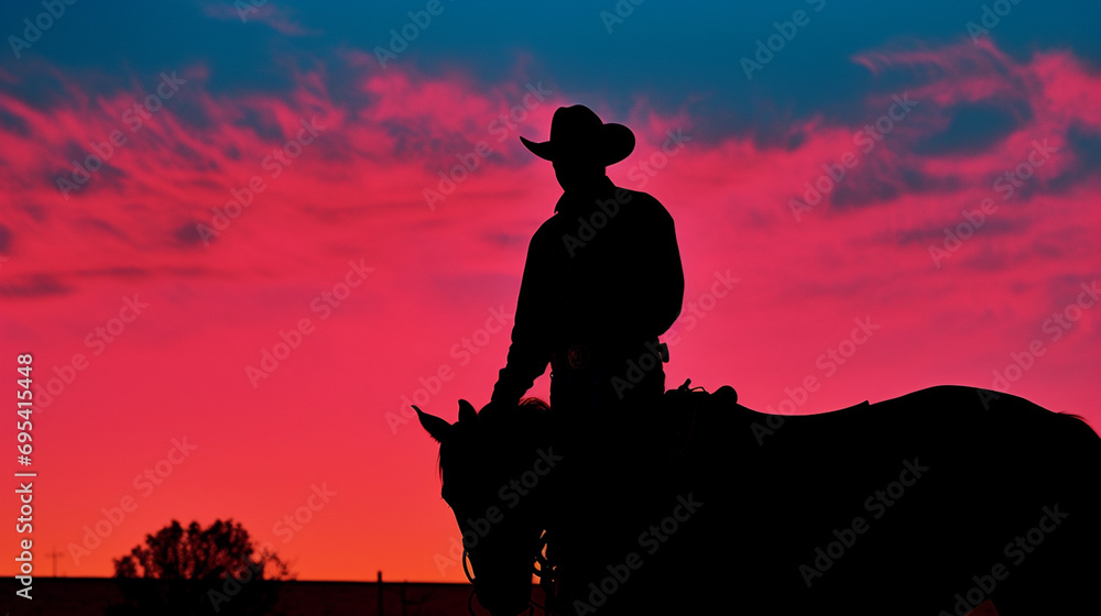 A cowboy silhouette against a backdrop of a minimal, colorful sunset.