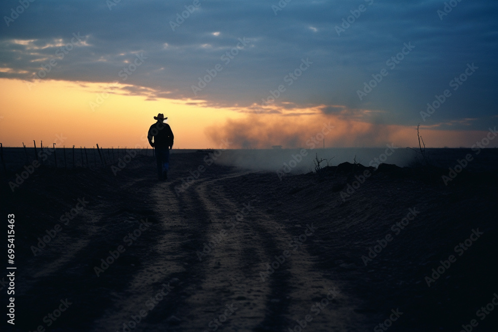 Abstract interpretation of a cowboy on a dusty trail at dusk.