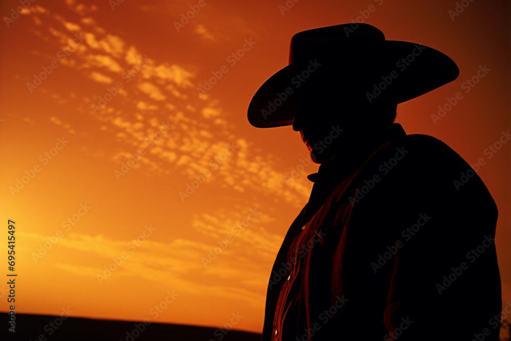 Abstract silhouette of a cowboy with a sun setting over a prairie.