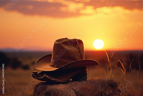 Stylized image of a cowboy's hat and boots against a sunset background.