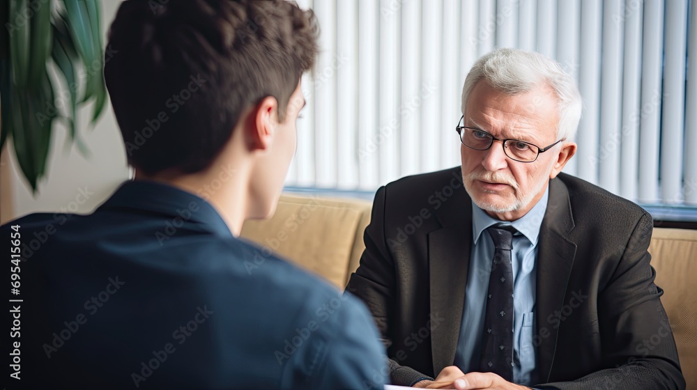 Young Caucasian man at an appointment with a psychologist. He delves into the problem and helps the patient solve the problem. Senior psychotherapist listens carefully to the patient’s story. Young Caucasian man at an appointment with a psychologist. He delves into the problem and helps the patient solve the problem. Senior psychotherapist listens carefully to the patient’s story.