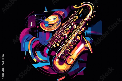  a close up of a saxophone on a black background with a multicolored image of a musical instrument in the foreground and a black background with a blue, red, yellow, purple,.