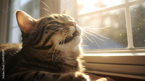 Cute tabby cat lying on window sill at home, closeup