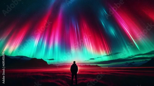 Figure standing under vivid 3D animated aurora lights in a striking mountainous landscape. photo