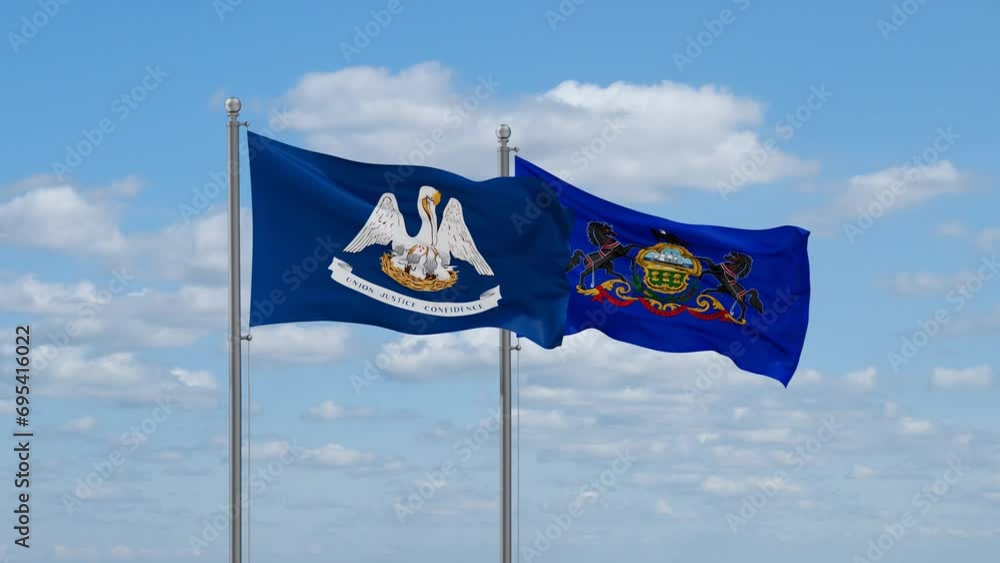 Pennsylvania and Louisiana US state flags waving together on cloudy sky, endless seamless loop Pennsylvania and Louisiana US state flags waving together on cloudy sky, endless seamless loop