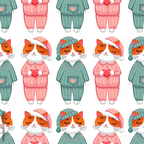 Vector Seamless cats in pajamas, background for Valentine's Day