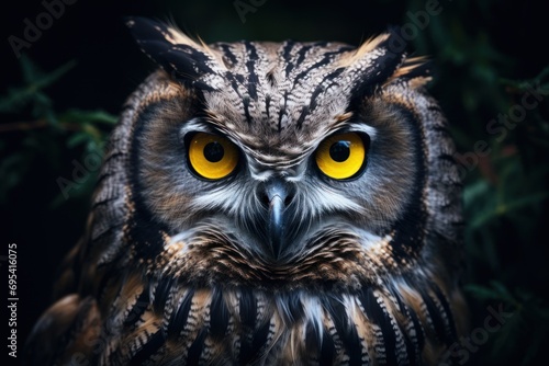  a close up of an owl's face with a yellow eyed bird in the middle of it's face, with a black background of green leaves and branches. © Nadia