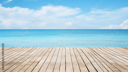 Wooden pier with blue sea and sky background  AI Generative.