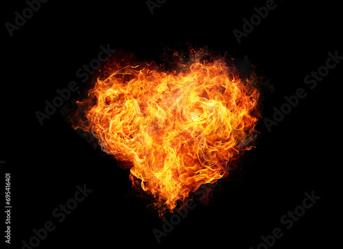 Heart Fire Flame Sparks Hot Explosion Burn Love Romance Hell Heat. Isolated on Black. Overlay Screen Effect.