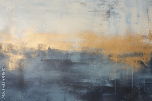  a painting with yellow and grey colors on a white and blue background with a black and yellow design on the bottom of the painting and bottom half of the painting.