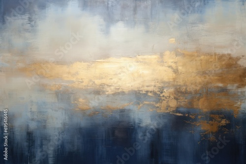  a painting of a blue and gold sky with white clouds and a yellow and blue sky with white clouds and a gold and blue sky painting of white clouds and blue and gold.