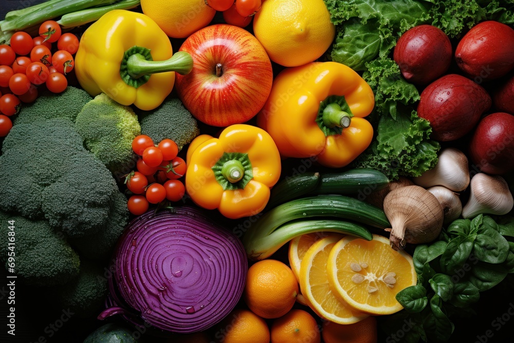 Colorful vegetables and fruits vegan food in rainbow colors arrangement